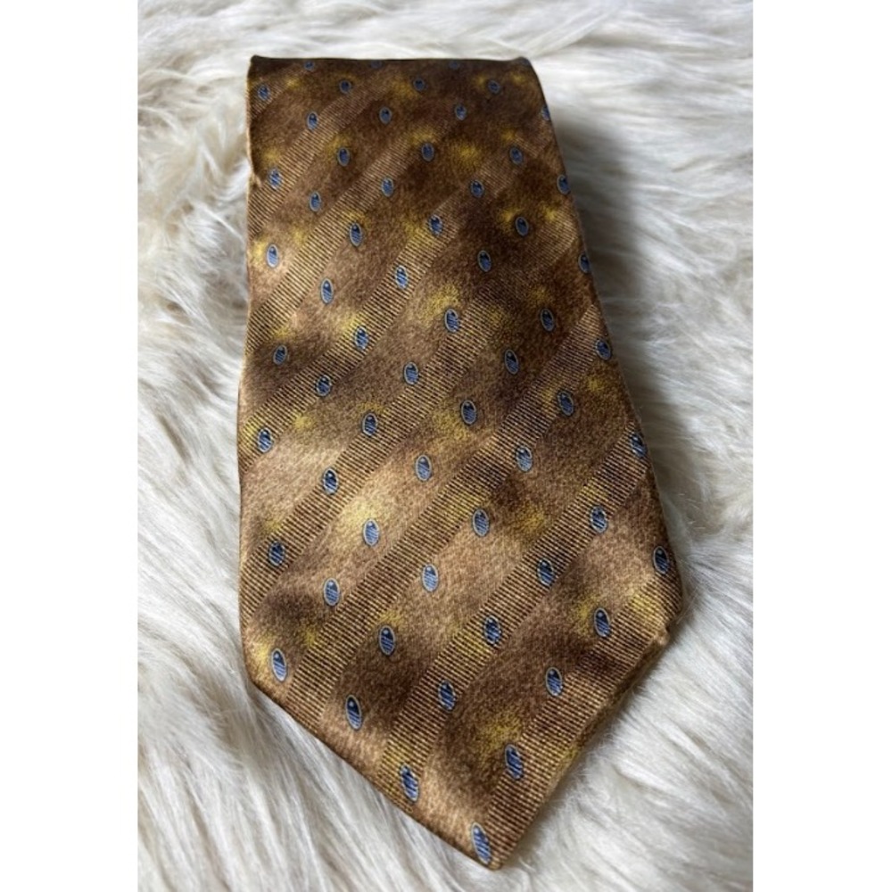 Ziametti Italian Silk Tie Mens Gold Brown Blue Geometric Woven Necktie